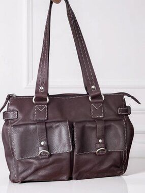 Fossil Brown Leather Satchel w/Double Pocket Detail Top Handles Handbag #75082